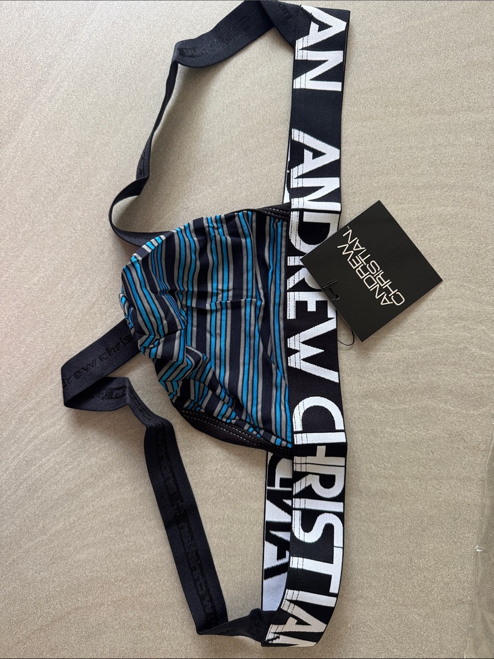 Andrew Christian Black Jockstrap with Blue Striped Pouch
